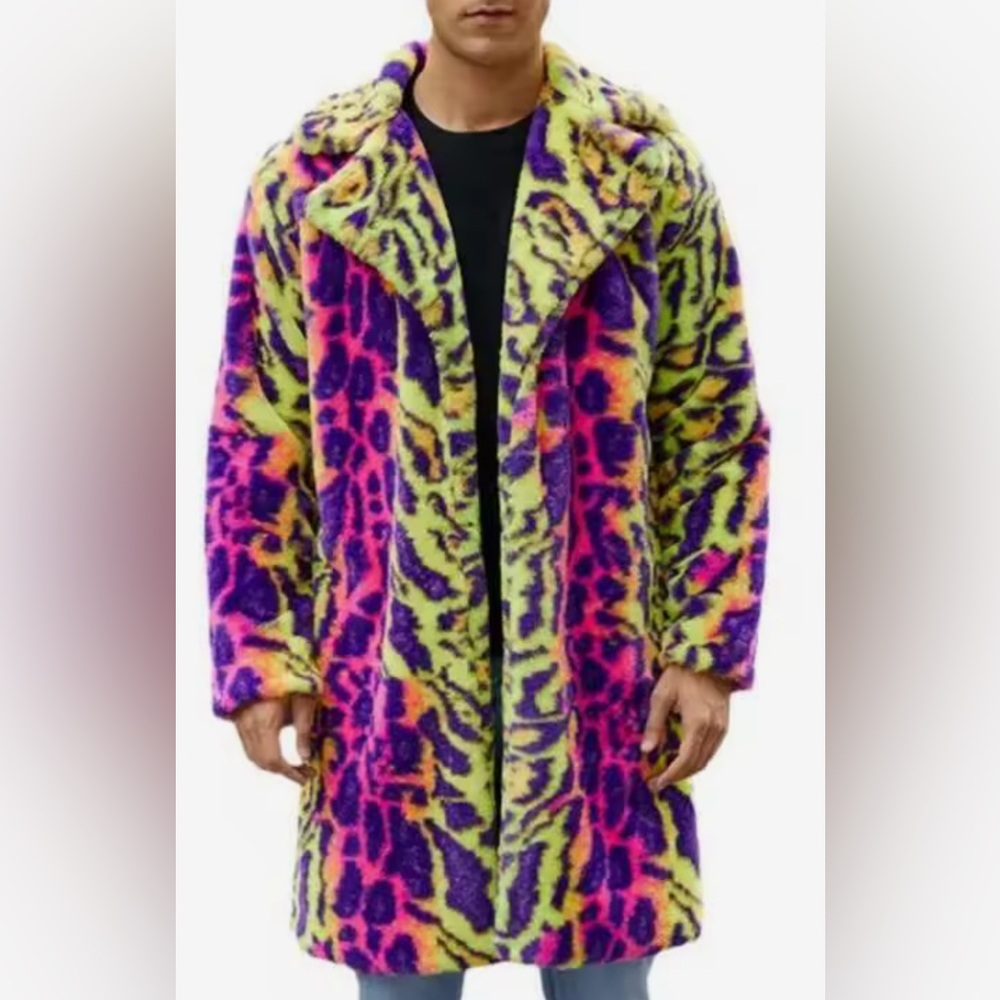 3X Unisex Oversized Colorful Neon Leopard Print Faux Fur Festival Coat